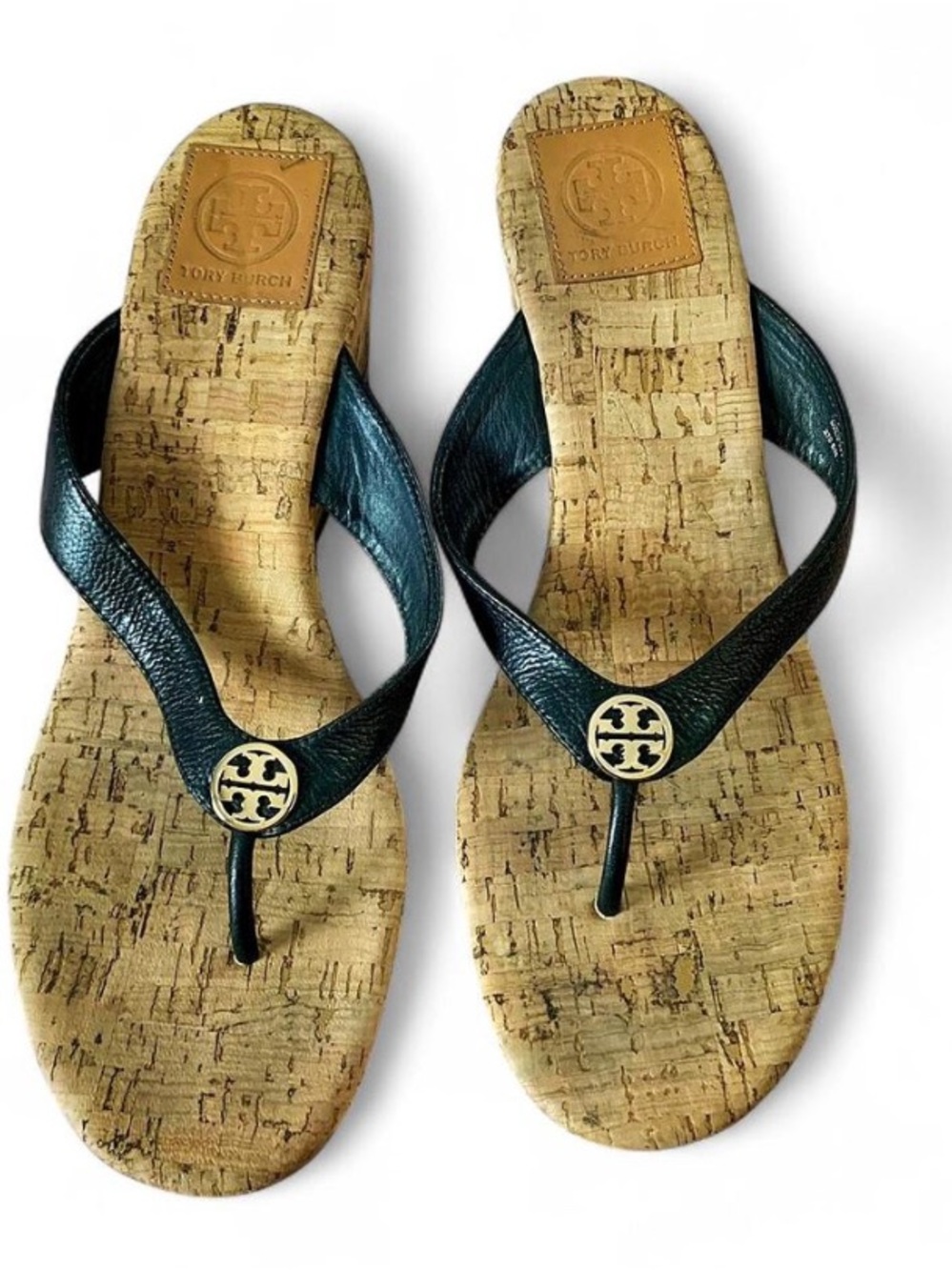 Tory Burch Suzi Cork Wedge Sandals Black Leather 9.5 EUC